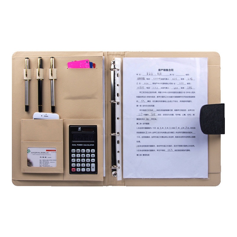 โฟลเดอร์ผลงานแฟ้มแหวนหนัง PU A4 พร้อมเครื่องคิดเลข