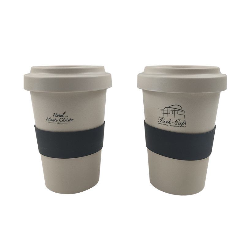 ถ้วยกาแฟนำกลับมาใช้ใหม่จากใยไผ่พร้อมฝาปิดผงไม้ไผ่
