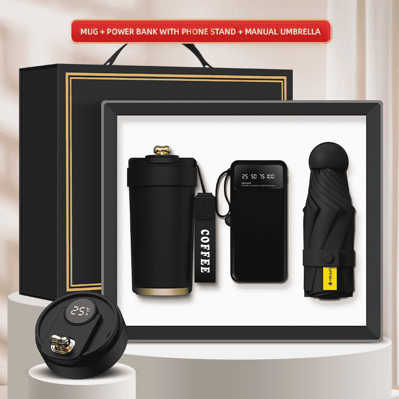 โลโก้ที่กำหนดเอง 3-in-1 กล่องของขวัญ Mug Power Bank Mini Umbrella