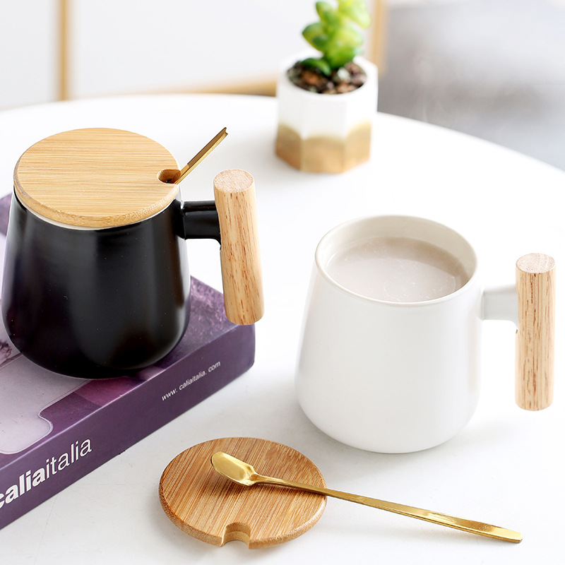 Matte แก้วเซรามิคไม้ Handle ฝาปิดช้อนของขวัญ